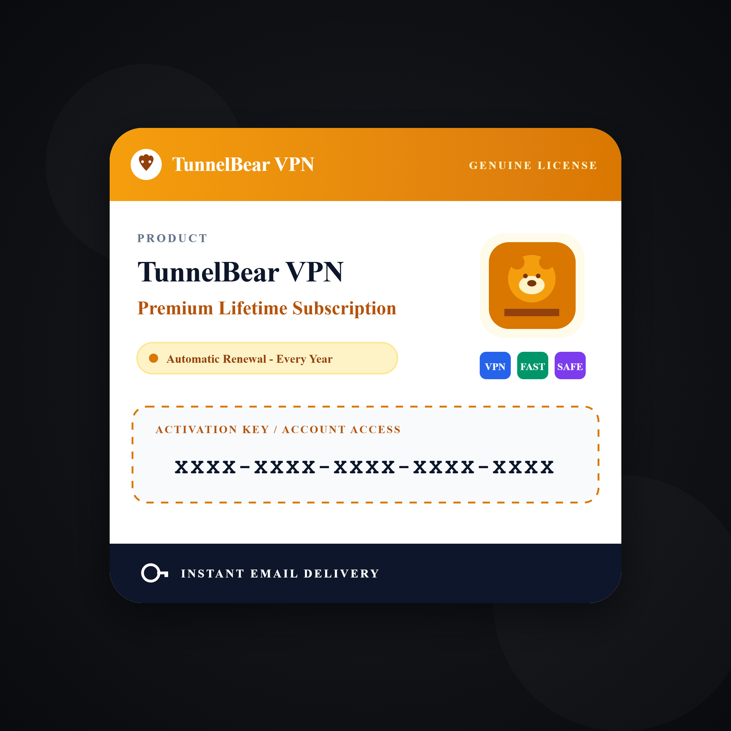 TunnelBear VPN Premium Lifetime Subscription ( Automatic Renewal-Every Year)